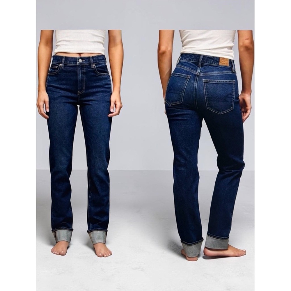 American Eagle Jeans Womens 14 Long Super High-Rise Straight Cuffed Dark Wash